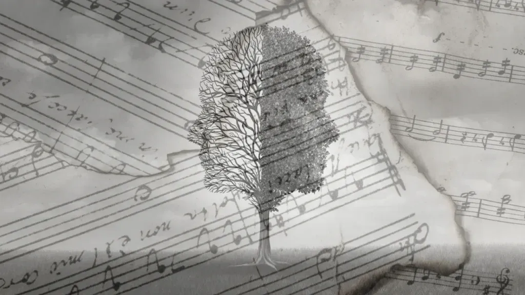 Partitions de musique sur des parchemins empilés avec un arbre des émotions au centre